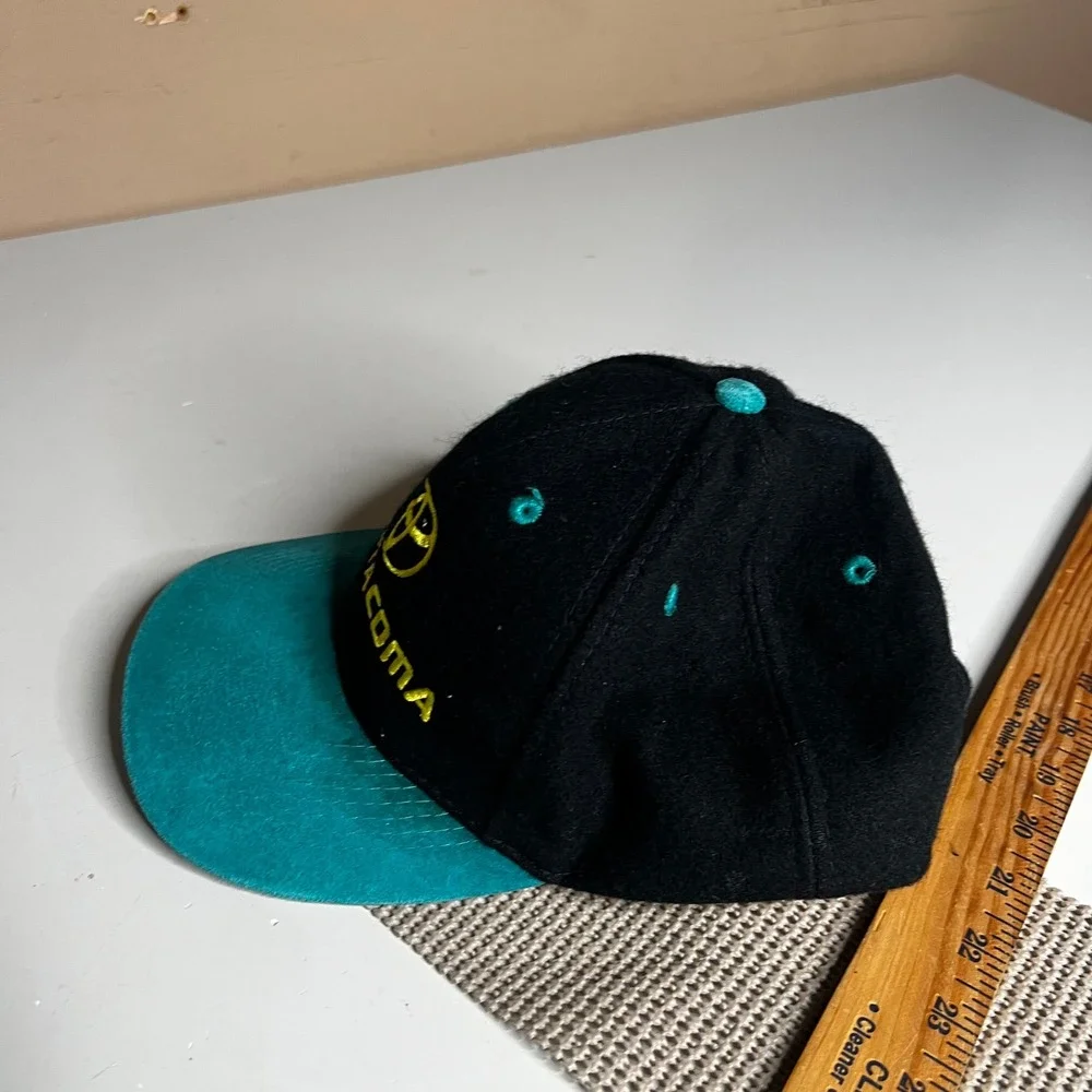 Vintage Toyota Tacoma Hat Otto Cap Black Teal Wool Suede Leather Strapback Hat